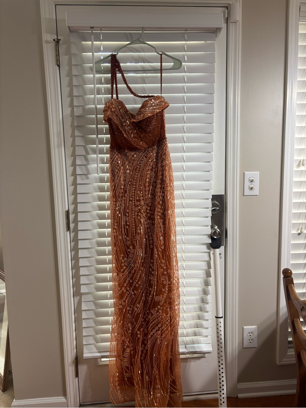 Copper Sequin Strapless Evening Dress with Draped Bust